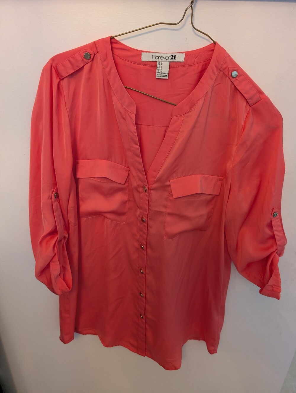 Forever 21 Coral Button-Down Utility Blouse